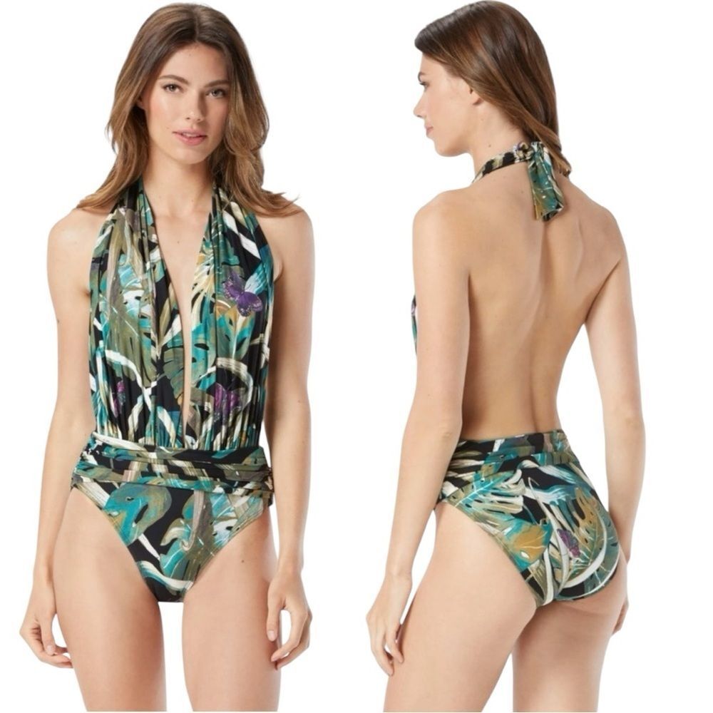 Vince Camuto Halter Plunge One Piece Swimsuit - Rain Forest Print